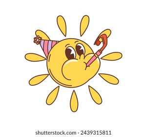 personaje de sol de vacaciones de dibujos animados retro en sombrero de fiesta, soplando pipa festiva con rayos radiantes en la vibrante celebración de cumpleaños. Personaje vectorial vintage aislado con expresión facial positiva