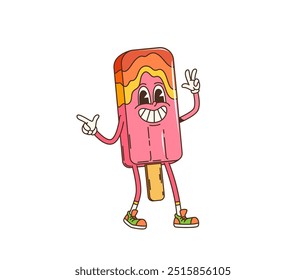 Personaje de postre de helado groovy de dibujos animados retro con una gran sonrisa feliz. Personaje de paleta de Vector aislado que golpea una pose divertida con la mano que muestra el signo de la paz. Personaje de regalo de verano en zapatillas de deporte funky