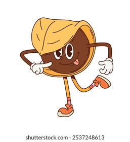 Personaje de postre japonés namagashi groovy de dibujos animados retro, pastel dulce divertido de Vector. Groovy galleta namagashi del postre japonés, carácter de comida funky con la emoción deliciosa de la lengua fuera