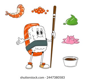 Caricatura retro personaje de sushi japonés groovy. Vector aislado alegre comida japonesa hippie sushi personage con arroz, pescado y sonrisa sostiene palillo. Caviar, gambas, wasabi, jengibre y salsa de soja