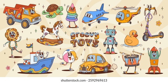 Retro cartoon groovy kid toy characters. Dump truck, turtle, rocking horse, airplane, scooter, robot and drum, rocket and helicopter. Rings pyramid, rattle, rubber duck and boat, ball and car