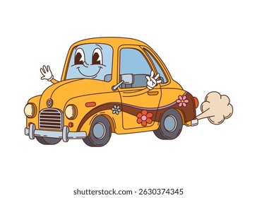 Retro cartoon groovy kids toy character of car with funny face, vector comic personage. Groovy car toy with daisy flowers, hippie sign and happy smile for kids toy character in retro cartoon art