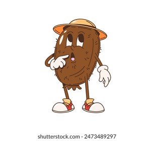 Caricatura retro personaje de fruta de kiwi groovy. Vector aislado sorprendió al personaje de la planta tropical con ojos expresivos, sombrero amarillo de verano y zapatillas de deporte, apunta a su boca, exudando un ambiente divertido y peculiar