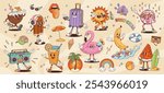 Retro cartoon groovy leisure and travel characters. Psychedelic hippy summer vacation vector personages of palm, sun, sea beach ball and umbrella. Groovy cocktail, ice cream and suitcase characters