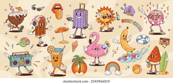 Retro cartoon groovy leisure and travel characters. Psychedelic hippy summer vacation vector personages of palm, sun, sea beach ball and umbrella. Groovy cocktail, ice cream and suitcase characters