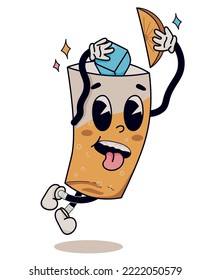 Retro cartoon groovy lemonade sticker isolated on a white background. Funny contemporary character with big eyes and wearing gloves. Grunge doodle 1930s vintage comic drink glass with lemon and ice.