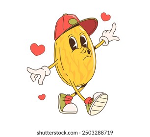 Retro cartoon groovy melon fruit character. Isolated cute vector hippie anthropomorphic food personage carefree walking with a cap, sneakers, and hearts, likely indicating affection or a loving mood