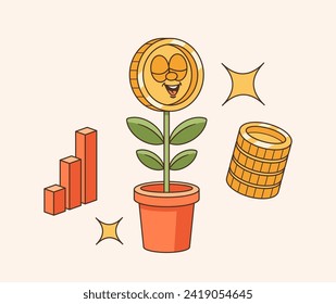 Dibujo Retro Groovy Money Tree O Potted Plant Character Con Vibes Jazzy Y Cara Sonriente Graciosa. Personaje empresarial