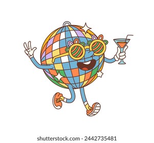 Retro-Cartoon-groovige Party-Disco-Ball-Charakter. Vereinzelte Vektor-vibrierende Persönlichkeit mit verrückten Gläsern und Cocktail, beleuchten Tanzfläche, strahlen kühle Vibes aus und glühen mit seinen schimmernden Facetten