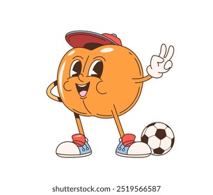 Caráter retrô do fruto de pêssego groovy do desenho animado com bola de futebol, mostrando o sinal da paz e vestindo um boné e tênis. Vetor isolado antropomórfico maduro frutado e suculento esportista de futebol alimentação personagem