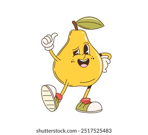 Personaje de fruta de pera groovy de dibujos animados retro. Personaje antropomórfico de Vector aislado con ojos expresivos, una cara sonriente y zapatillas de deporte, da un gesto de pulgar hacia arriba, exudando diversión hippie y vibraciones juguetonas