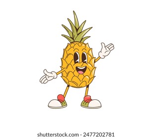 Retro cartoon groovy pineapple fruit character. Isolated vector cheerful tropical fruit personage with friendly smile and waving hands, wearing sneakers, engaging children at healthy eating habits