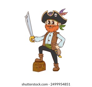 Retro caricatura groovy pirata y corsario personaje armado con un sable valientemente defiende el tronco del tesoro. Feroz marinero y patrón, contramaestre, capitán o filibustero listo para proteger el botín en el cofre de madera