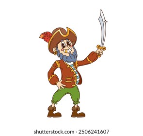 Retro cartoon groovy pirate and corsair character holding saber. Isolated vector funny swashbuckling captain in tricorn hat, sea rover personage ready for high-seas adventures and treasure hunts