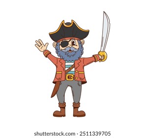 Caricatura retrô groovy pirata e personagem corsário. Vetor isolado marinheiro ou capitão swashbuckling personagem com barba robusta, segurando um sabre, pronto para aventuras em alto-mar e caça ao tesouro