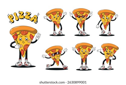 Retro cartoon groovy pizza character set. Funky comic psychedelic italian food mascot in different poses and angles with happy smiling face collection. 60s, 70s, 80s hippie vector illustrations.

