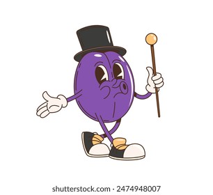 Retro cartoon groovy plum fruit character. Isolated vector whimsical purple prune personage dressed in a classic top hat and holding a cane. Elegant damson gentleman showcasing a fun, vintage vibes