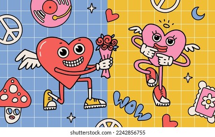 Retro cartoon groovy poster with heart mascot giving flower bouquet to his girl friend. Happy Valentines Day. Trendy hippie 70s style. Card, postcard, print. Line art isolated vector illustration.