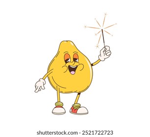 Retro cartoon groovy quince fruit character holding bright sparkler with a joyful face expression. Cheerful and lively isolated vector anthropomorphic quince fruit personage celebrate party event