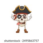 Retro cartoon groovy skull pirate and corsair character. Isolated vector playful skeleton wearing tricorn hat, bandana, boots and eyepatch sticks out its tongue with raised hands showing a sense fun