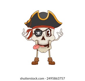 Retro cartoon groovy skull pirate and corsair character. Isolated vector playful skeleton wearing tricorn hat, bandana, boots and eyepatch sticks out its tongue with raised hands showing a sense fun