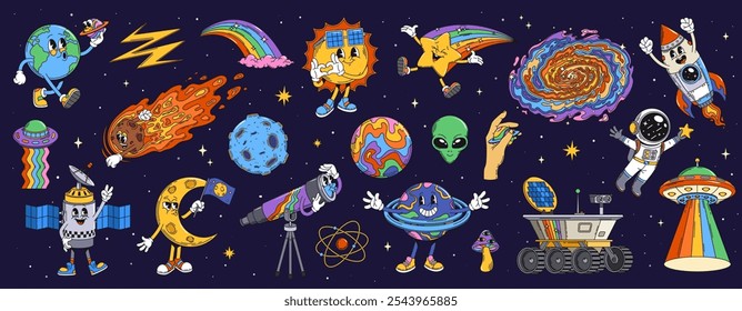 Retro cartoon groovy space characters. Planets, astronaut, rocket and alien, earth, saturn, lightning bolts rainbow and cloud. Sun, galaxy, star, meteor, ufo, moon and satellite with telescope or atom