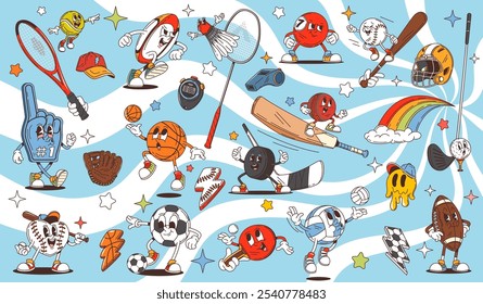 Retro cartoon groovy sport characters of soccer or football balls, vector comic art. Groovy sport characters of funky volleyball and freaky baseball bat with rugby ball and gold club in retro cartoon