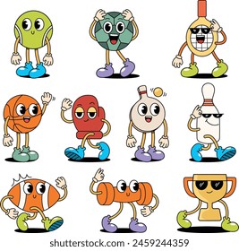 retro cartoon in groovy style with sports theme, mascot character, vector illustration 