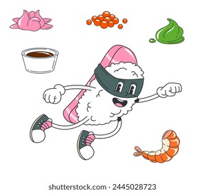 Retro cartoon groovy sushi superhero character with rice body, seaweed mask and salmon slice on back, wields soy sauce, wasabi, ginger, caviar and shrimp, flying with a fist up to battle villains