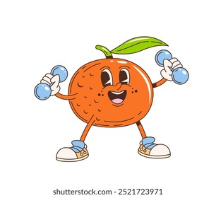 Personaje de fruta de mandarina groovy de dibujos animados retro. Fruta de naranja alegre de Vector aislado con una hoja verde en la parte superior, levantando pesas. personaje enérgico, feliz y saludable promueve la forma física y la vitalidad