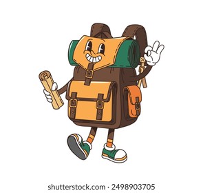 Retro cartoon groovy travel backpack character with funky face, vector comic smile. Groovy tourist backpacker bag or rucksack with map for summer vacations and holiday funny groovy character