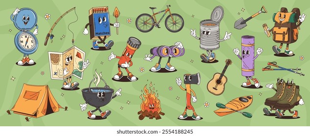 Retro cartoon groovy travel characters vector set. Camping and hiking items, compass, matches, binoculars and tent, bicycle, tin can, shovel or flashlight. Pot, campfire or axe, guitar, sleeping bag