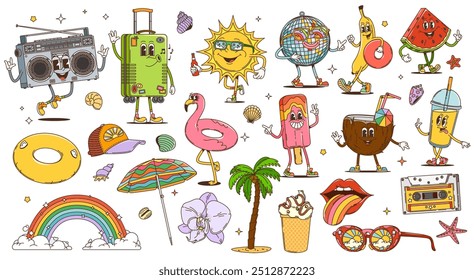 Viajes de dibujos animados retro groovy y personajes de ocio, vacaciones de verano de Vector y vacaciones de playa. Sol hippy psicodélico, palma, maleta de viaje y gafas de sol, helado estupendo, cócteles y paraguas