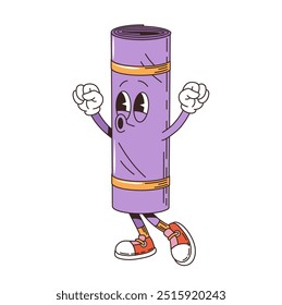 Retro cartoon groovy travel mat character with funky face, vector comic smile. Groovy travel mat or yoga rug emoji or emoticon with happy emotion on face for summer vacations and holiday character