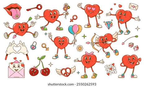 Dibujos animados retro groovy valentine y personajes de corazón de amor. Personajes de Vector del día de San Valentín de la vendimia Cupido, corazones rosados divertidos y amor hippie ángel emoticones psicodélicos, flores funky, regalo, cereza