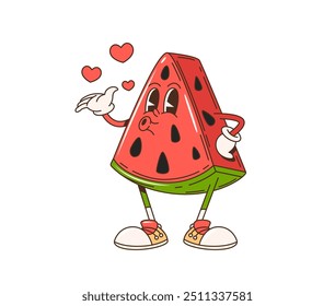 Caractere retrô caricatura groovy melancia fruta. Personagem de melancia bonitinho vetor isolado com uma forma de fatia, usando luvas e tênis, soprando beijos corações, espalhando vibrações de verão e amor