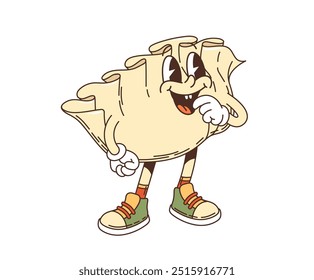 Personaje groovy gyoza de dibujos animados retro con cara divertida, bola de masa cómica de Vector. Groovy gyoza o jiaozi personaje de cocina asiática japonesa o china en dibujos animados retro con deliciosa sonrisa tonta o raro