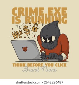 retro cartoon of hacker mascot using laptop 