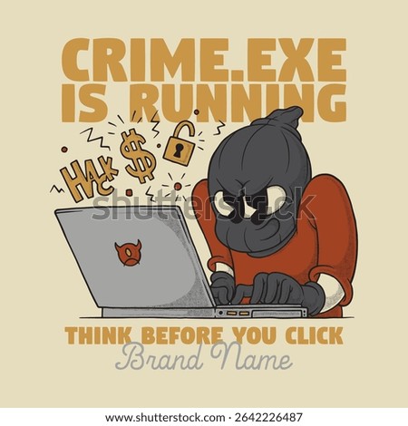 retro cartoon of hacker mascot using laptop 