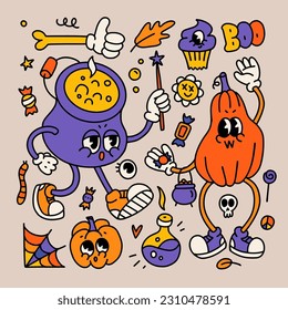 Retro cartoon Halloween characters set. Spooky Season mascots and holiday elements collection. Cute gloved cauldron and pumpkin. Contour vectior illustration for childish print design.