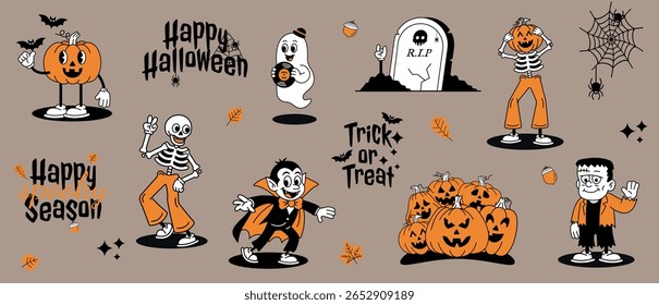 Retro Cartoon Halloween Characters. Set of groovy elements. Skeletons, Pumpkins, Ghost, Vampire Frankenstein, Grave, Spiders, Web. Scary decorations. Happy Halloween vector lettering.