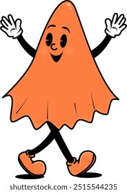 Un personaje fantasma de Halloween de dibujos animados retro con traje de hoja naranja, animación de la década de 1930. Fantasma lindo en estilo groovy de moda. Ilustración vectorial aislada sobre fondo transparente.