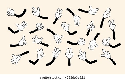 Retro cartoon hands. Cute comic character arms and fingers, glove with pointers and thumbs up gestures. Vector isolated set of glove cartoon collection, pointing finger Illustration