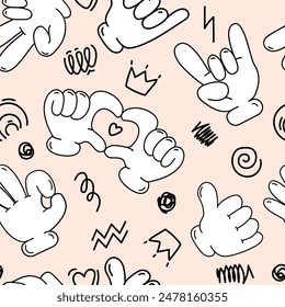 Retro cartoon hands gestures in gloves seamless pattern.Comic arms showing different gestures background with doodles. Fun pattern for print, paper, poster, textile, wallpaper and other design. Vector