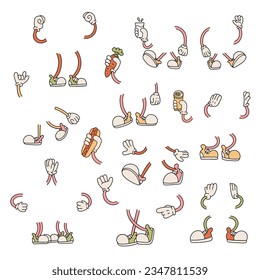 Retro Cartoon hands and legs big set. Cute 30-60s vintage animation feet in sneakers and hands in gloves characters body parts, simple funny gestures. Vector mascot leg and footwear illustration