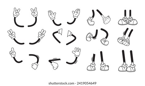 Retro Cartoon Hands And Legs Isolated Vector Set, Features Playful Gestures, Capturing The Essence Of Classic Animation