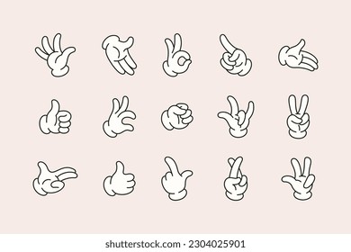 Retro Cartoon Hands Set in Different Gestures Showing Ok Sign, Pointing Fingers, Thumb Up, Rock sign, High Five. Vector Comic Arms in Gloves in 1930 Style for Creating Characters and other Design