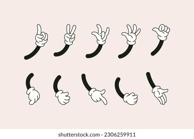 Retro Cartoon Hands Set in Different Gestures Showing Ok Sign, Pointing Fingers, Thumb Up, Rock sign, High Five. Vector Comic Arms in Gloves in 1930 Style for Creating Characters and other Design