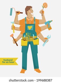 retro cartoon Handyman with different tools and belt, super husband, cartoon lovely man with flower, VECTOR