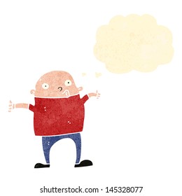 retro cartoon happy bald man with thought bubble